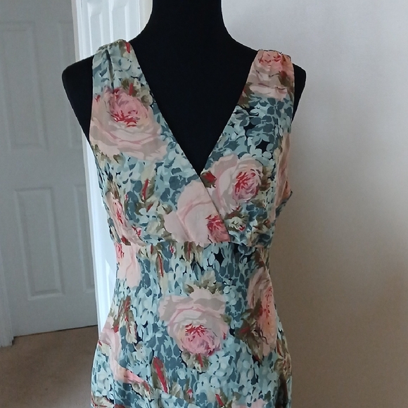 Asymmetrical Floral V-Neck Midi Dress in Teal and Blush - Picture 3 of 14